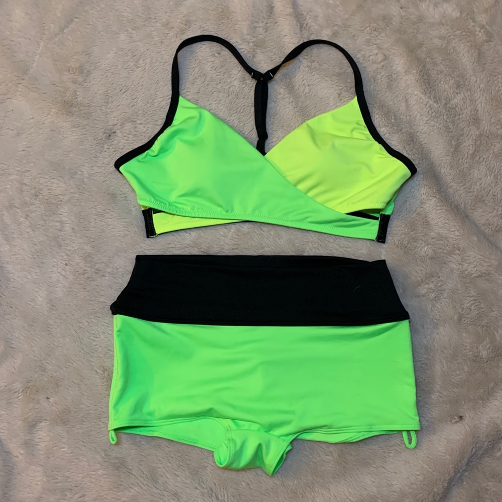 SOLD - VS PINK Neon Green Sports Bra and Short Set